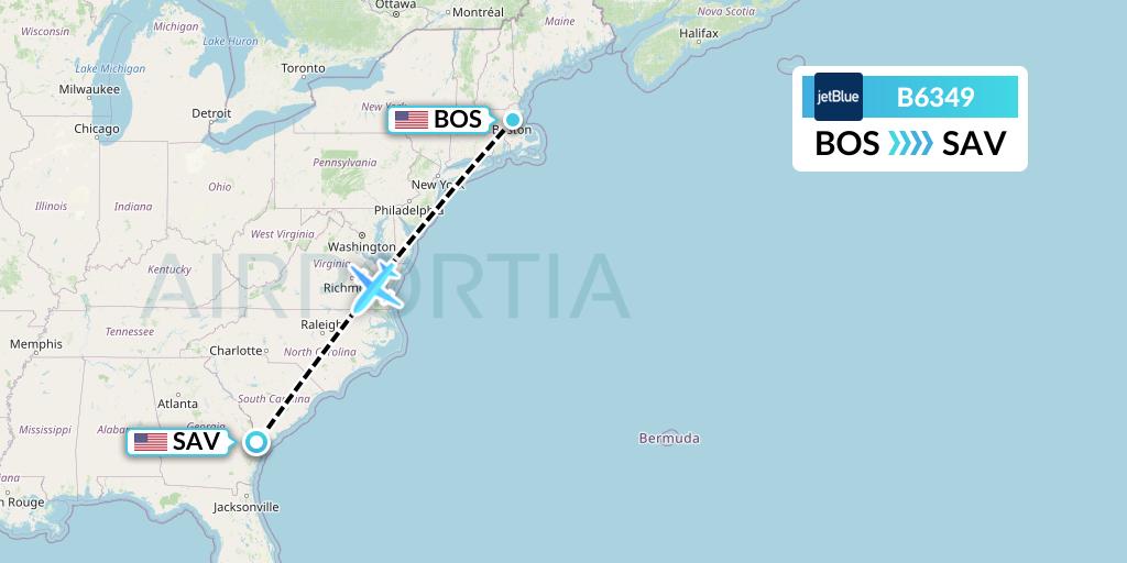 B6349 JetBlue Airways Flight Map: Boston to Savannah