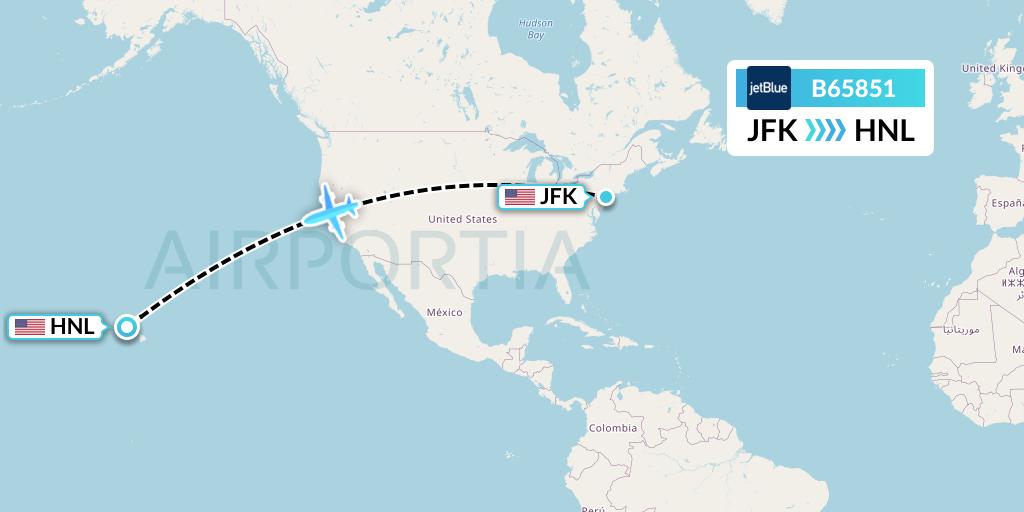 B65851 JetBlue Airways Flight Map: New York to Honolulu
