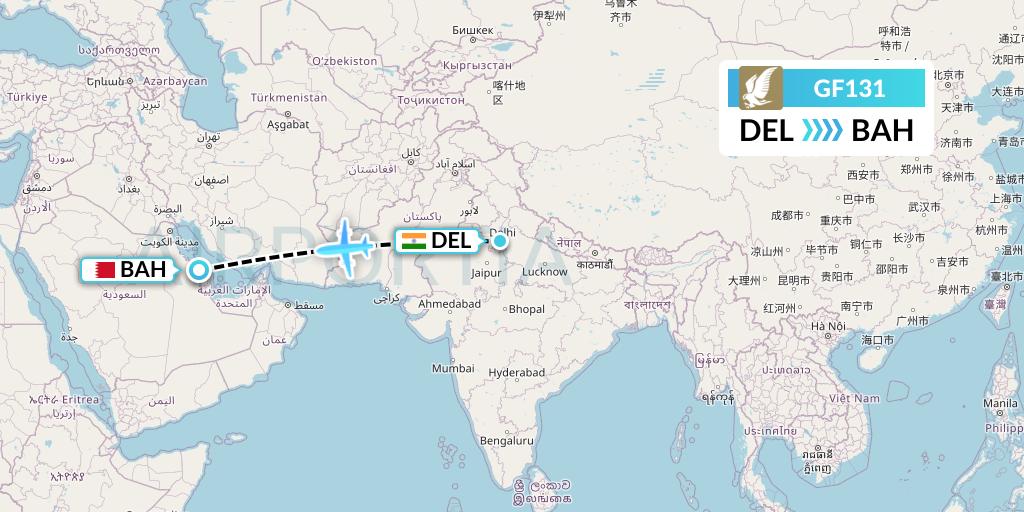 GF131 Gulf Air Flight Map: Delhi to Bahrain