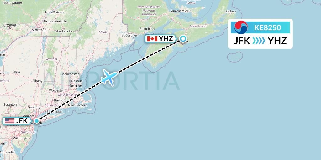 KE8250 Korean Air Flight Map: New York to Halifax