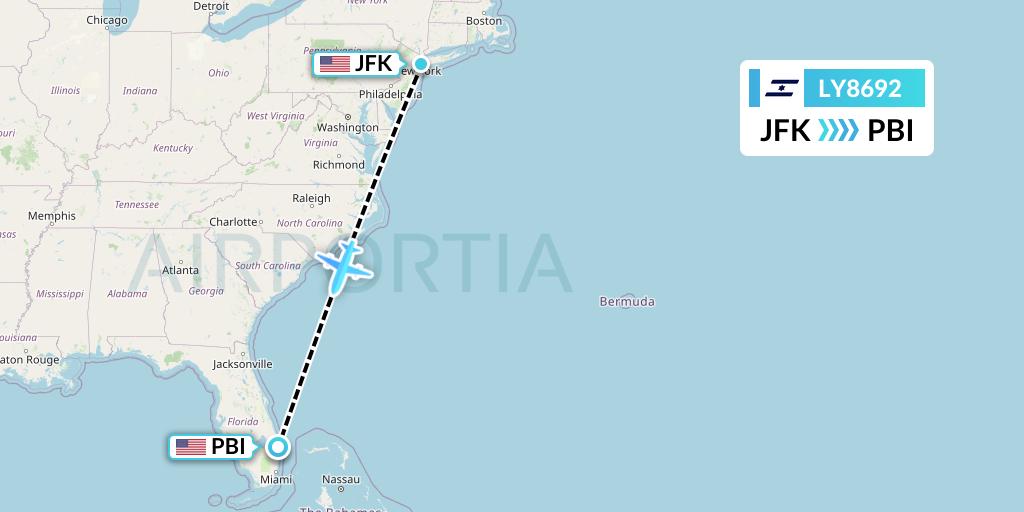 LY8692 El Al Flight Map: New York to West Palm Beach