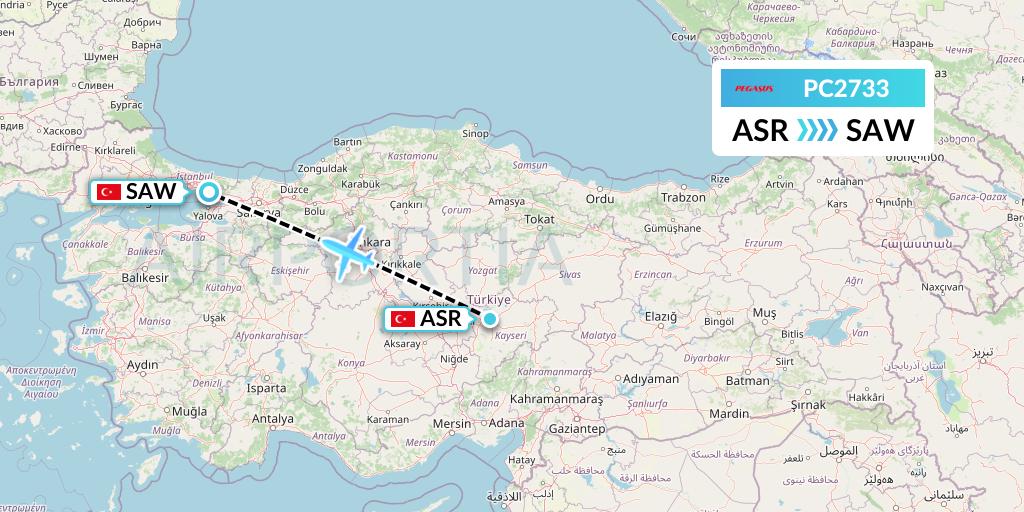 PC2733 Pegasus Airlines Flight Map: Kayseri to Istanbul