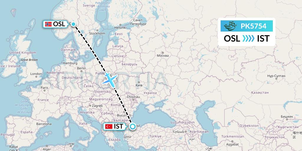 PK5754 Pakistan International Airlines Flight Map: Oslo to Istanbul