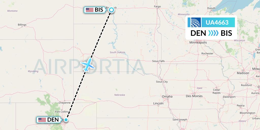 UA4663 United Airlines Flight Map: Denver to Bismarck