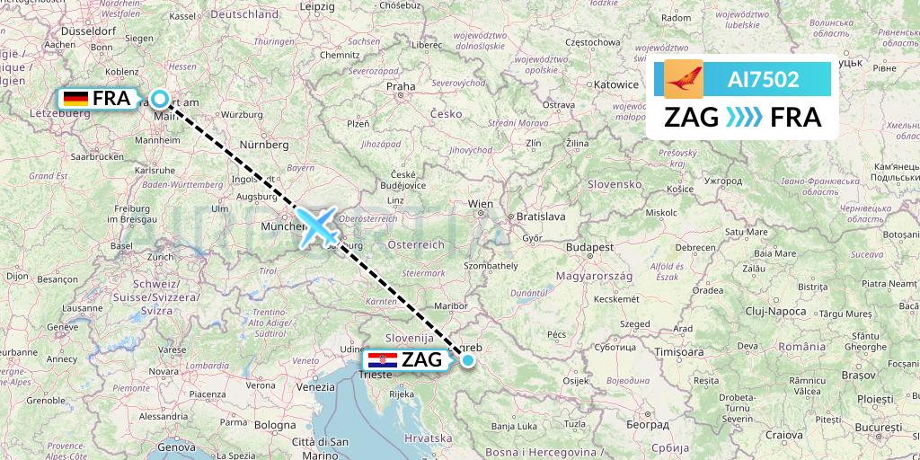 AI7502 Air India Flight Map: Zagreb to Frankfurt