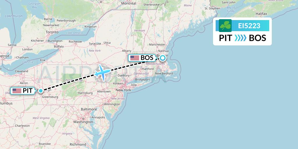 EI5223 Aer Lingus Flight Map: Pittsburgh to Boston