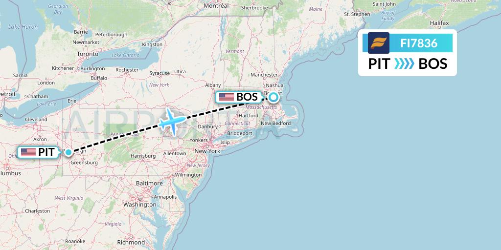 FI7836 Icelandair Flight Map: Pittsburgh to Boston