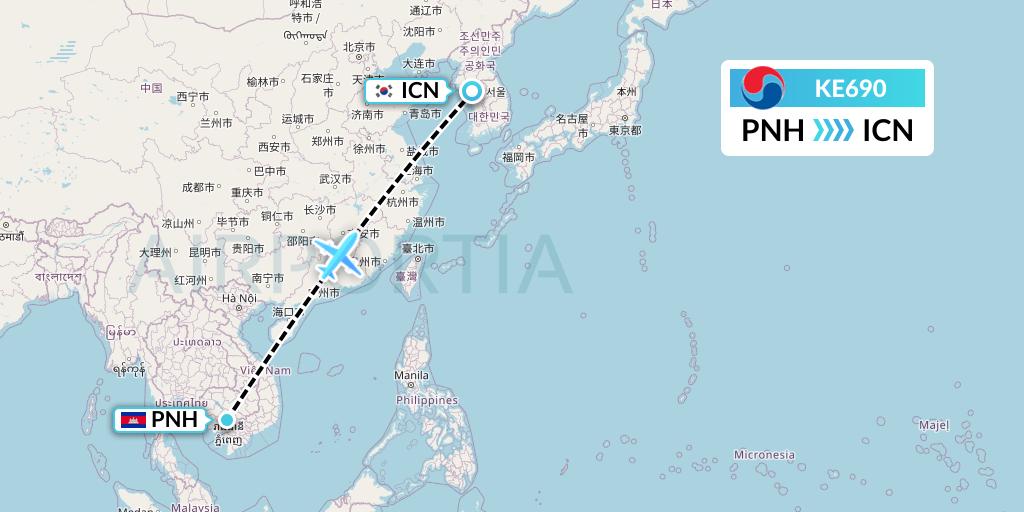 KE690 Korean Air Flight Map: Phnom Penh to Seoul