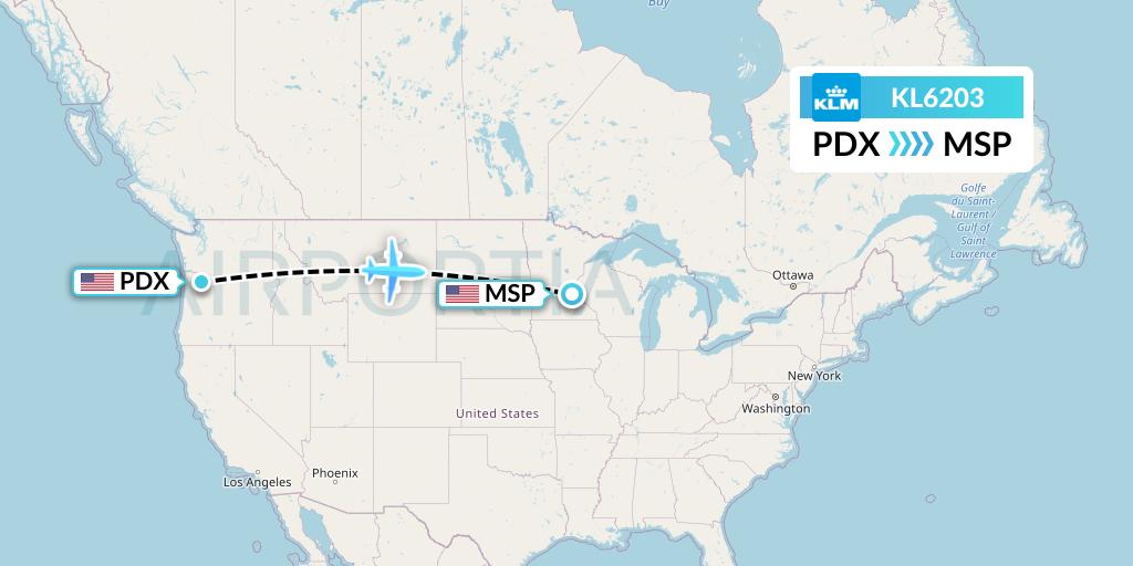 KL6203 KLM Flight Map: Portland to Minneapolis
