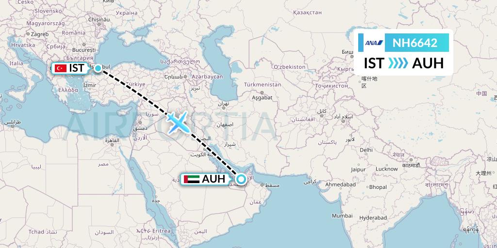 NH6642 All Nippon Airways Flight Map: Istanbul to Abu Dhabi