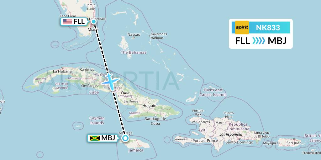 NK833 Spirit Airlines Flight Map: Fort Lauderdale to Montego Bay