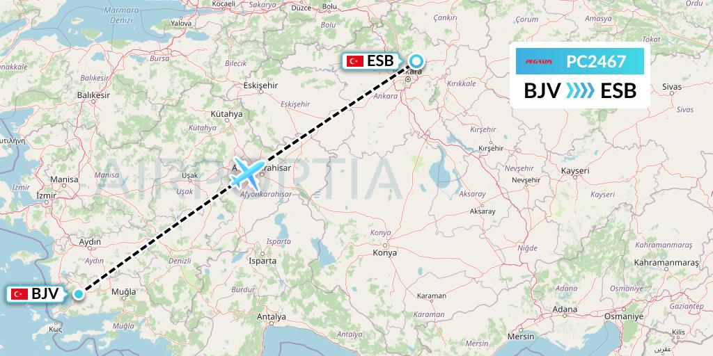 PC2467 Pegasus Airlines Flight Map: Bodrum to Ankara