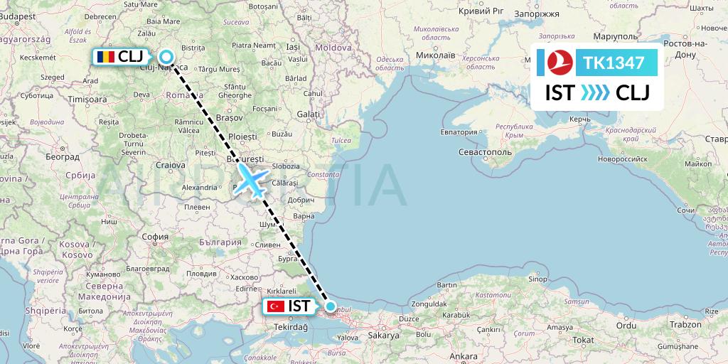 TK1347 Turkish Airlines Flight Map: Istanbul to Cluj-Napoca