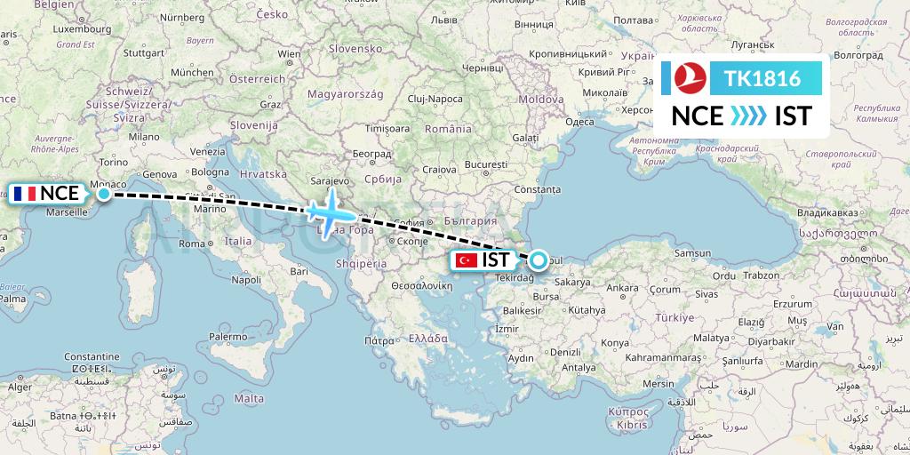 TK1816 Turkish Airlines Flight Map: Nice to Istanbul