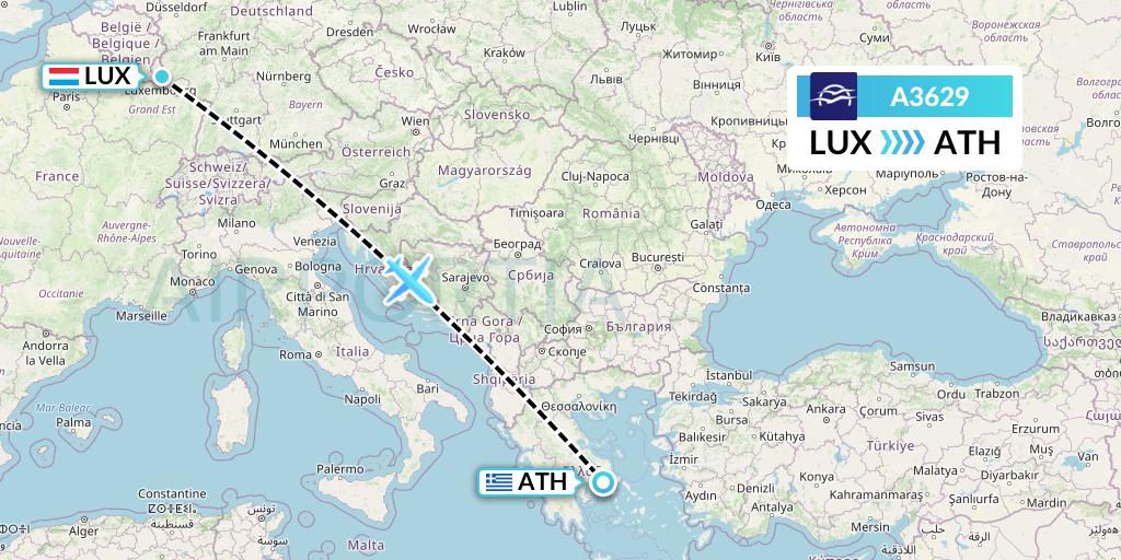 A3629 Aegean Airlines Flight Map: Luxembourg to Athens