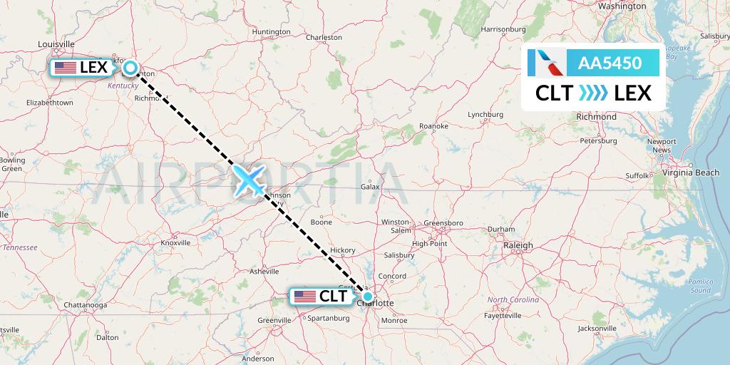 AA5450 American Airlines Flight Map: Charlotte to Lexington