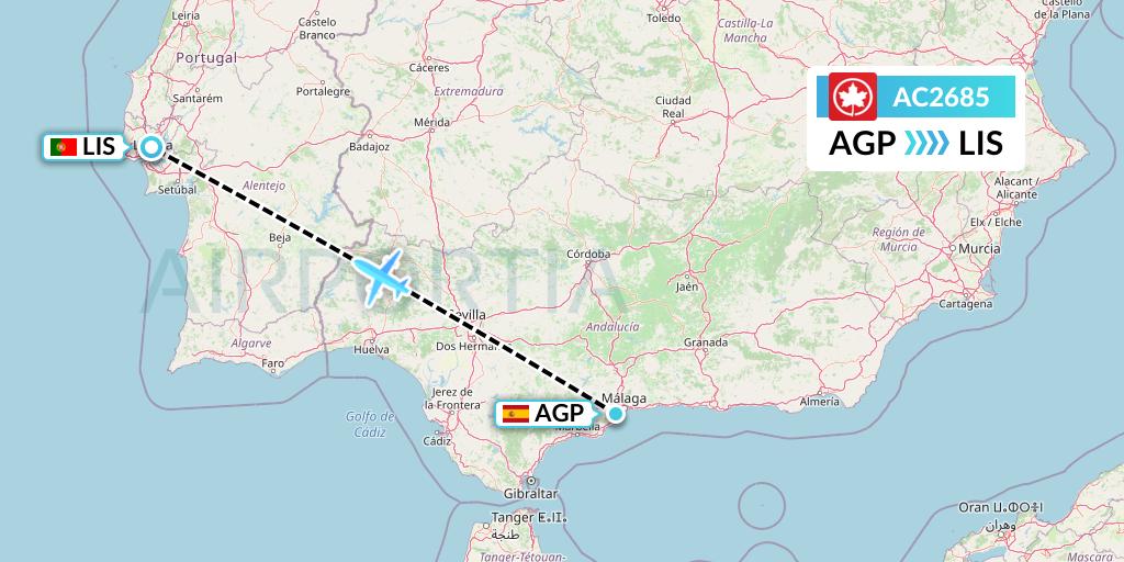 AC2685 Air Canada Flight Map: Malaga to Lisbon