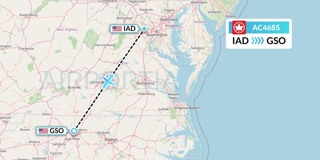 AC4685 Air Canada Flight Map: Washington to Greensboro