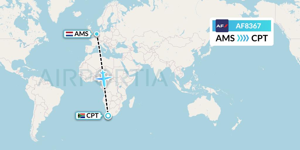 AF8367 Air France Flight Map: Amsterdam to Cape Town