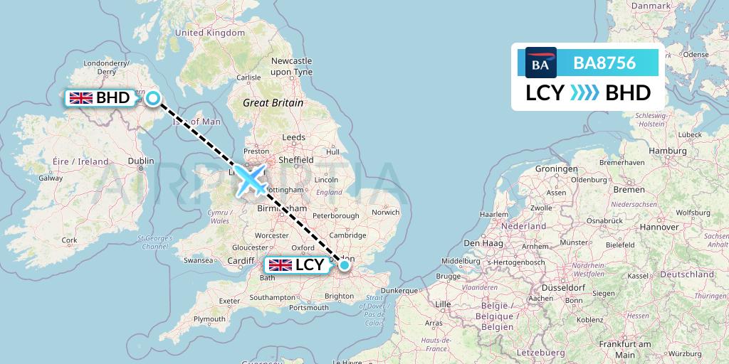 BA8756 British Airways Flight Map: London to Belfast
