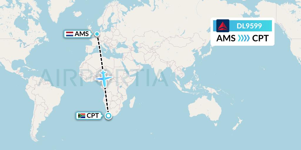 DL9599 Delta Air Lines Flight Map: Amsterdam to Cape Town