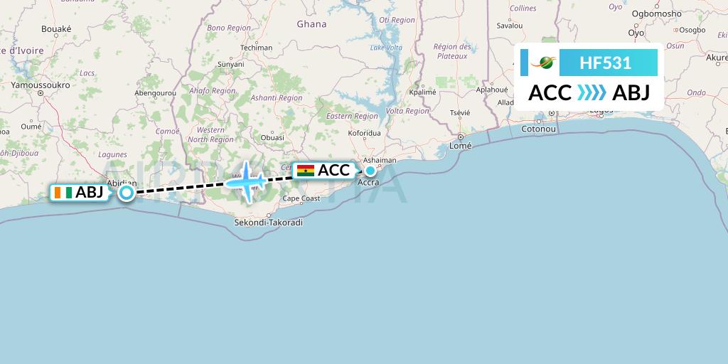 HF531 Air Cote d'Ivoire Flight Map: Accra to Abidjan