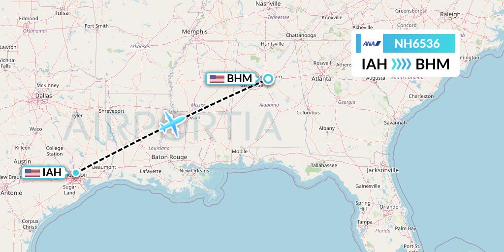NH6536 All Nippon Airways Flight Map: Houston to Birmingham