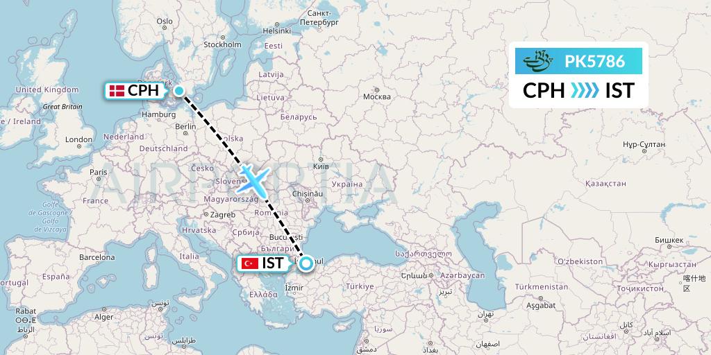 PK5786 Pakistan International Airlines Flight Map: Copenhagen to Istanbul