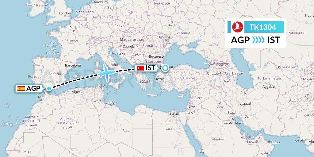 TK1304 Turkish Airlines Flight Map: Malaga to Istanbul