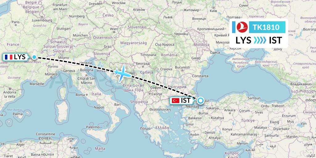 TK1810 Turkish Airlines Flight Map: Lyon to Istanbul