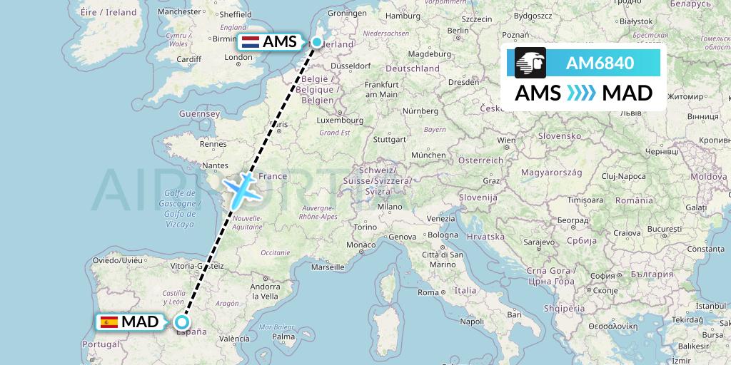 AM6840 Aeromexico Flight Map: Amsterdam to Madrid