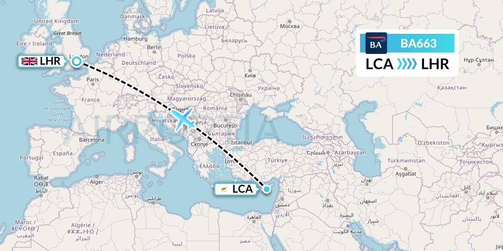 BA663 British Airways Flight Map: Larnaca to London