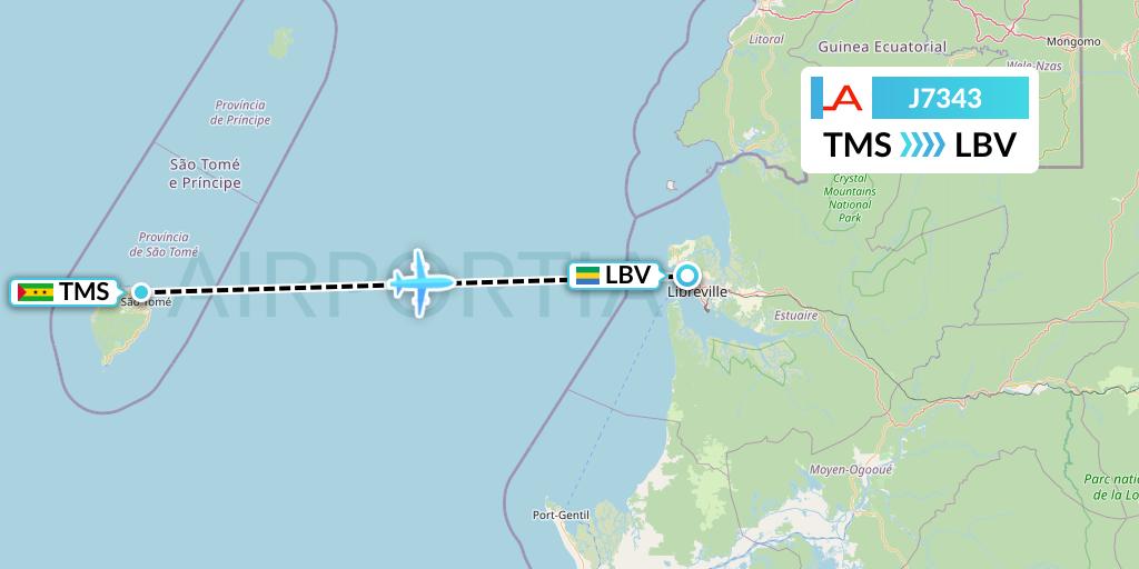 J7343 Afrijet Business Services Flight Map: Sao Tome to Libreville