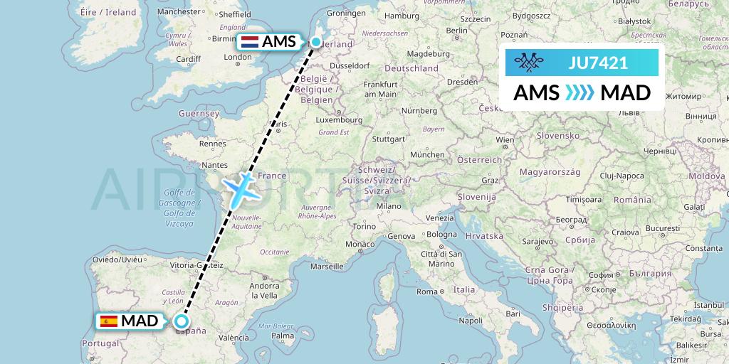 JU7421 AirSERBIA Flight Map: Amsterdam to Madrid