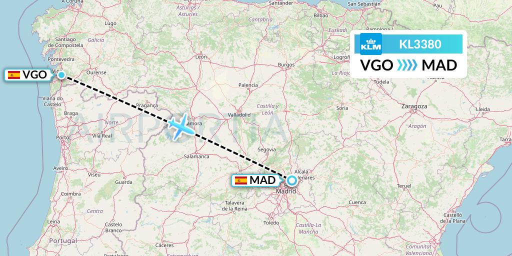KL3380 KLM Flight Map: Vigo to Madrid