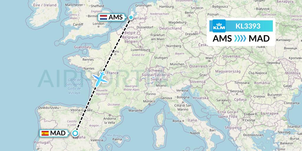 KL3393 KLM Flight Map: Amsterdam to Madrid