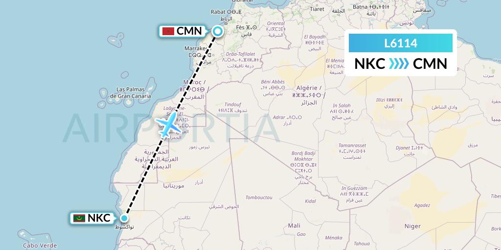 L6114 Mauritania Airlines International Flight Map: Nouakchott to Casablanca