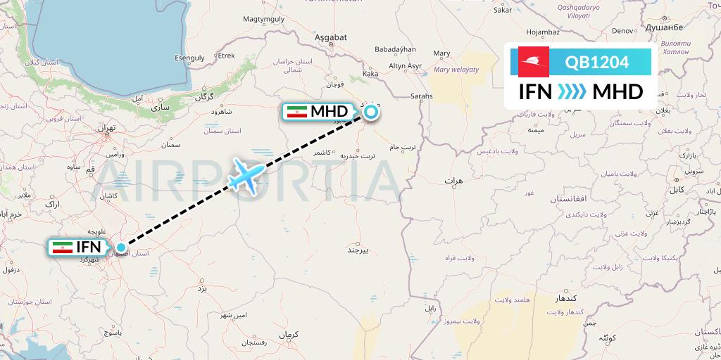 QB1204 Qeshm Airlines Flight Map: Isfahan to Mashhad