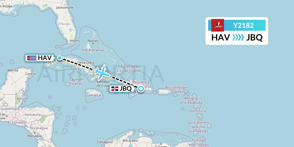 Y2182 Air Century Flight Map: Havana to Santo Domingo