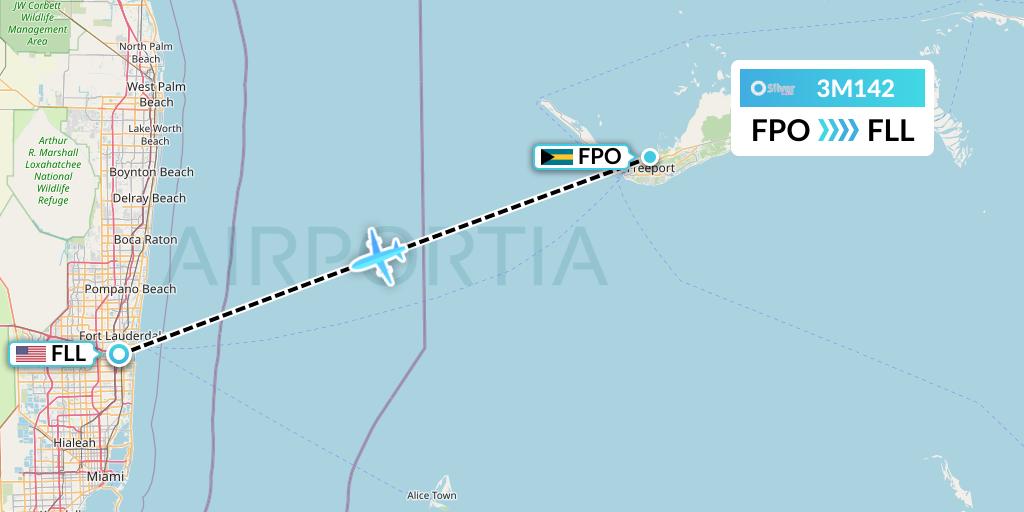 3M142 Silver Airways Flight Map: Freeport to Fort Lauderdale
