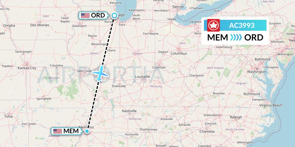 AC3993 Air Canada Flight Map: Memphis to Chicago