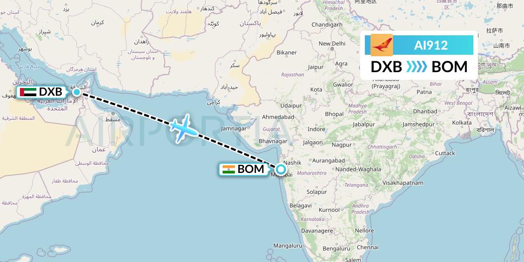 AI912 Air India Flight Map: Dubai to Mumbai