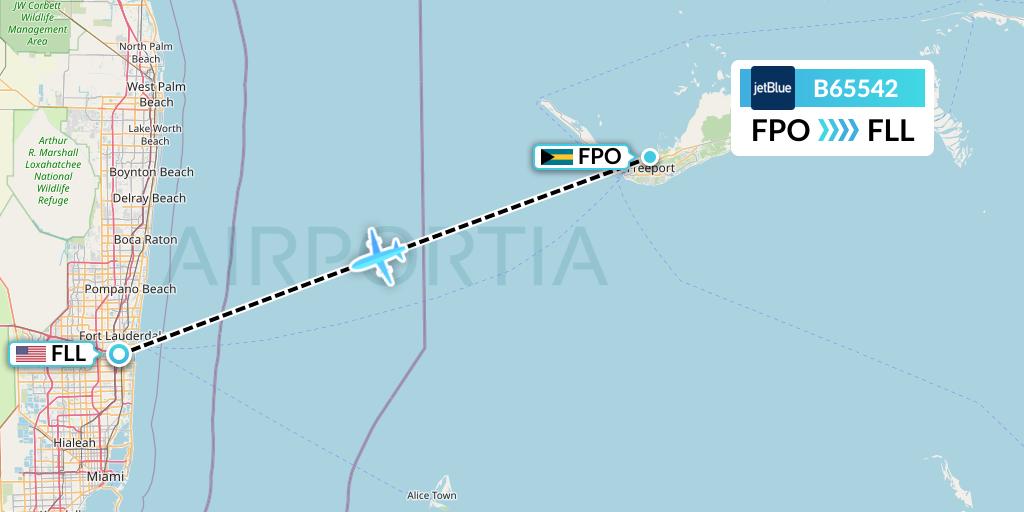 B65542 JetBlue Airways Flight Map: Freeport to Fort Lauderdale