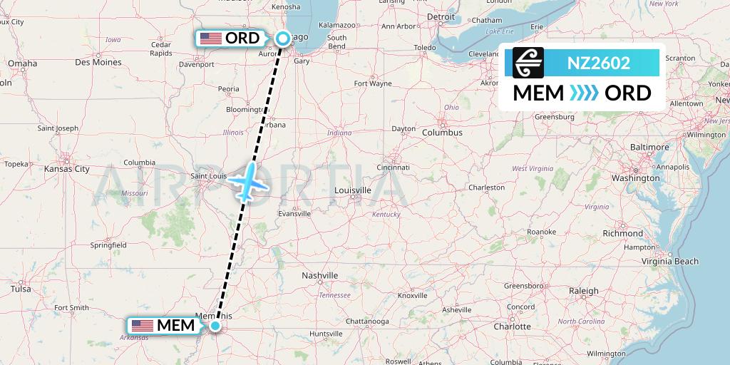 NZ2602 Air New Zealand Flight Map: Memphis to Chicago