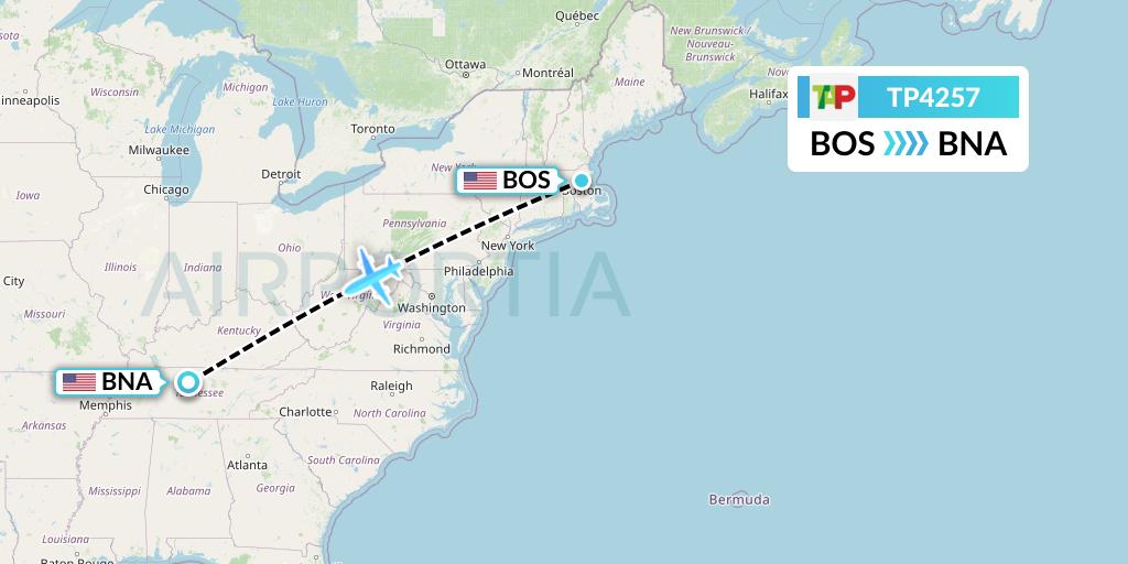 TP4257 TAP Portugal Flight Map: Boston to Nashville