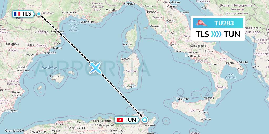 TU283 Tunisair Flight Map: Toulouse to Tunis