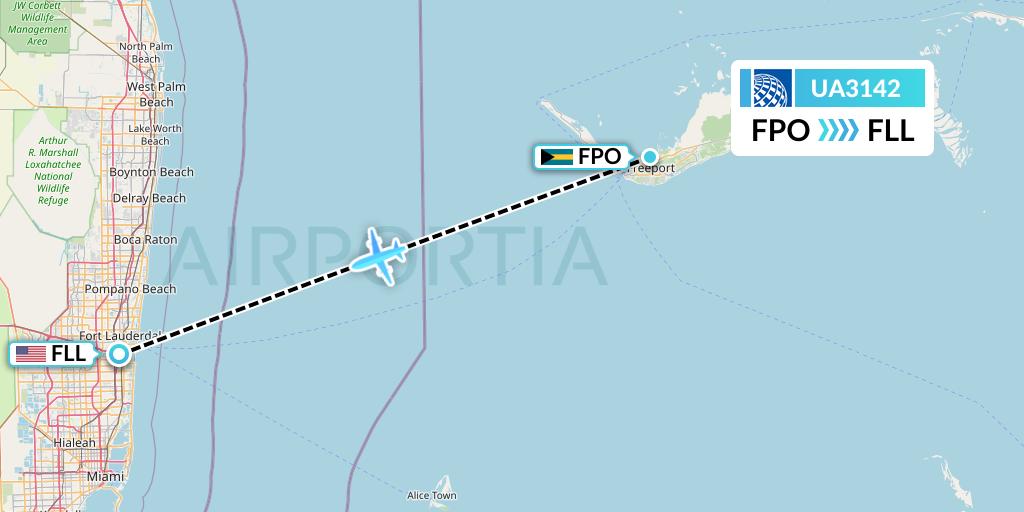 UA3142 United Airlines Flight Map: Freeport to Fort Lauderdale