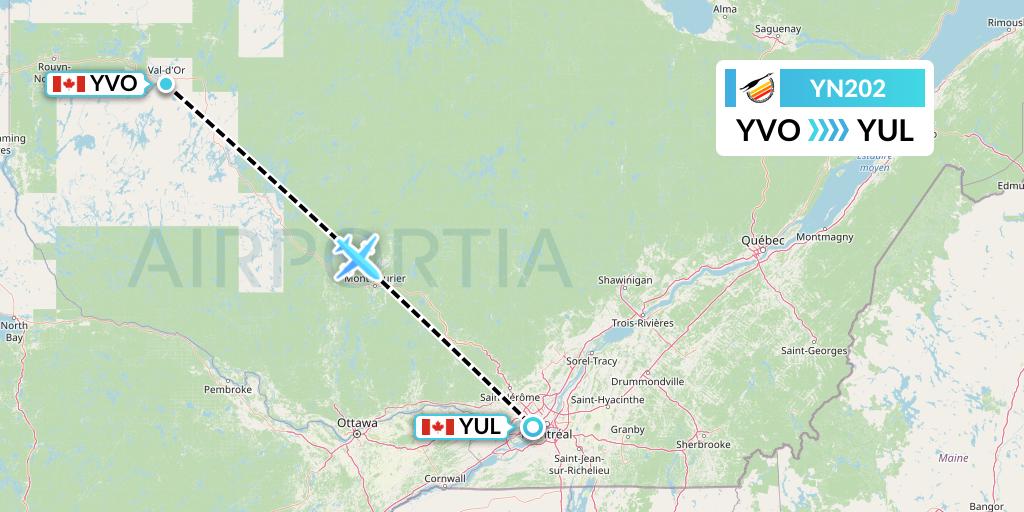 YN202 Air Creebec Flight Map: Val-d'Or to Montreal