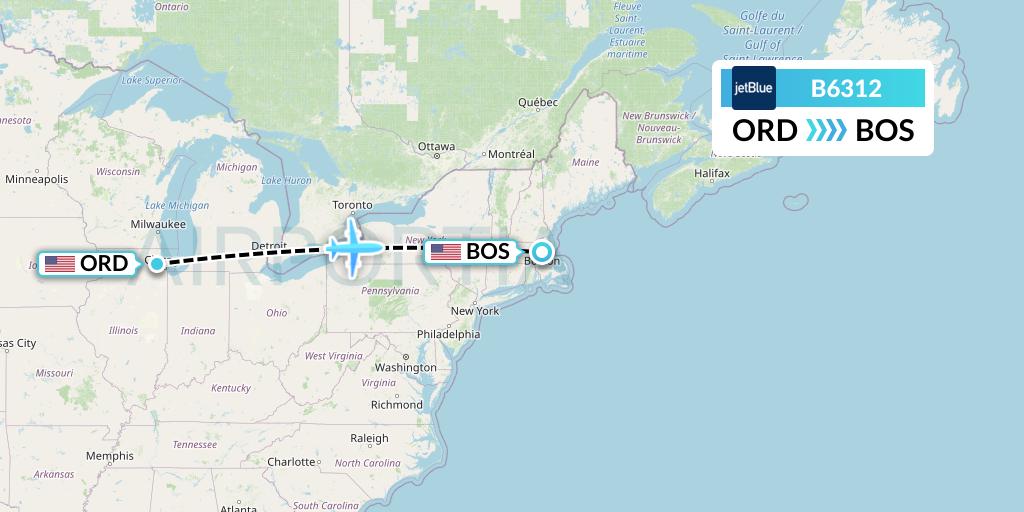 B6312 JetBlue Airways Flight Map: Chicago to Boston