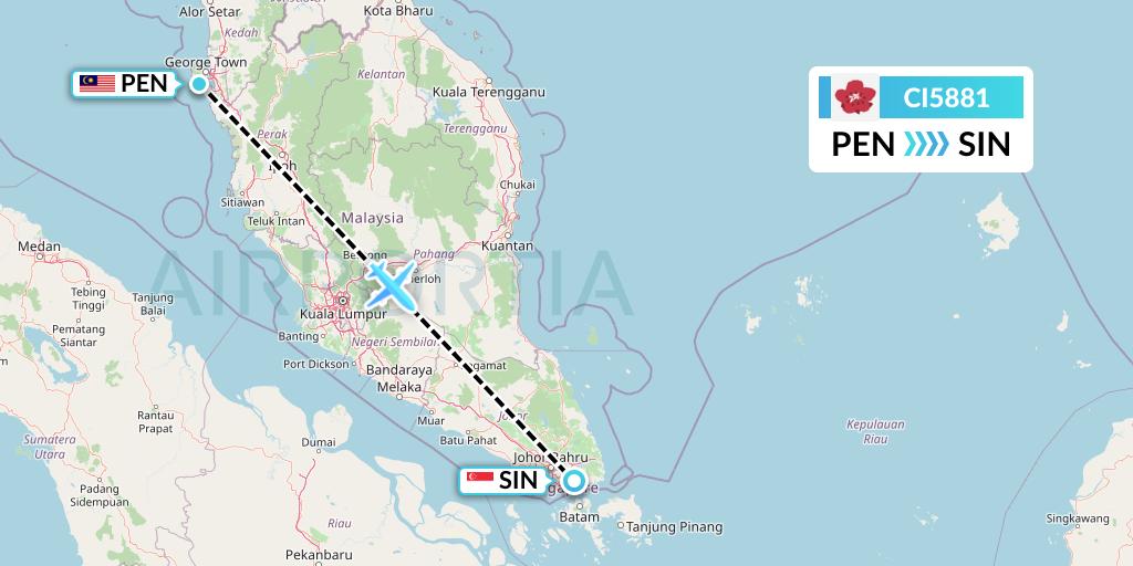 CI5881 China Airlines Flight Map: Penang to Singapore